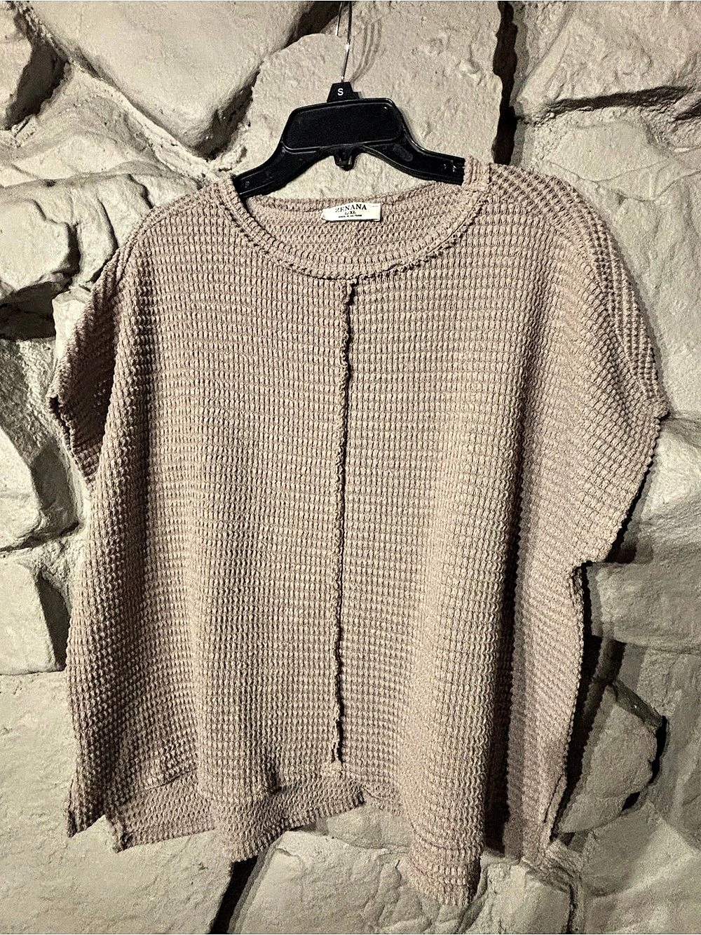 Zenana Waffle Exposed-Seam Short Sleeve T-Shirt Sweater Beige XL